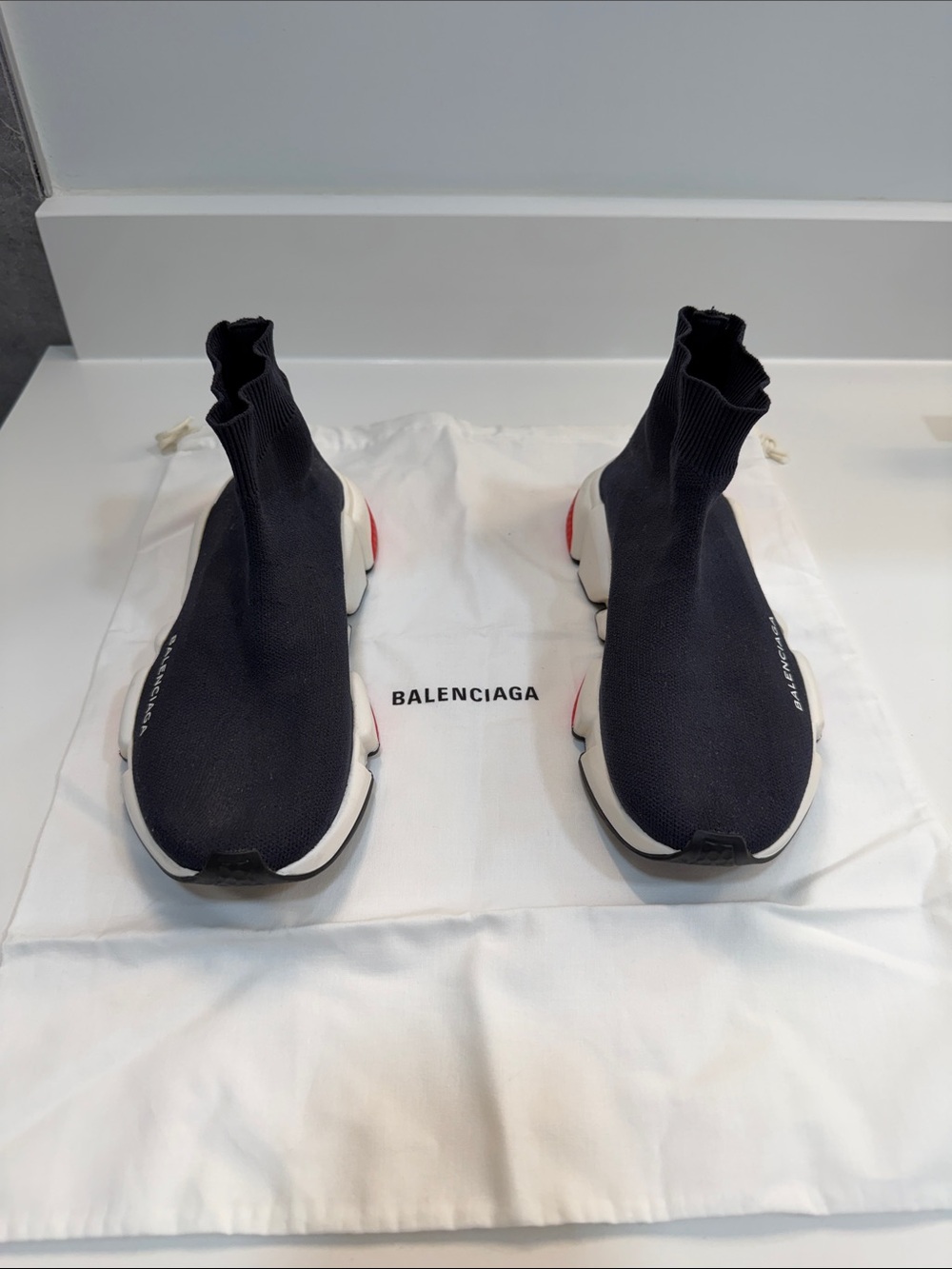 Balenciaga Black Sock Trainer Sneakers with White Soles and Red Heel Detail